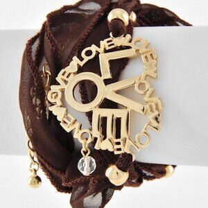 Brown Ribbon Valentine Heart Love Gold Accent Wrap Around Tie Bracelet NWT